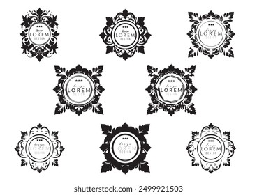 Collection of Nine Vintage Floral Emblem Logos with Intricate Designs on Black Background for Creative Projects And for Branding and Decor Companies