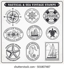 Collection of nine  vintage vector greyscale stamps Illustrations, with sea and sea journey theme. 
