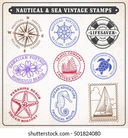 Collection of nine vintage vector stamps Illustrations, with sea and sea journey theme. 
