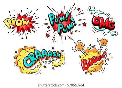 Collection of Nine Wording Sound Effects for Comic Speech Bubble. Boom, poow, pow pow crash, omg - cartoon lettering.