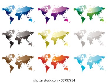 Collection of nine world maps with color variation and light reflection