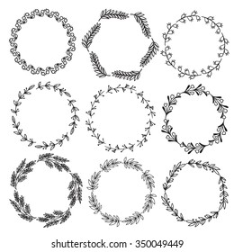 Collection of nine wreaths. Wreaths from different branches with berries, deciduous and coniferous. Background white, made in the doodle. The second set.