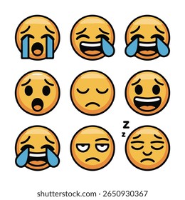 Collection of nine yellow cartoon faces with various expressions like crying laughing and sleeping