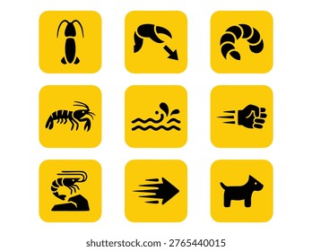A collection of nine yellow square icons depicting silhouettes of crustaceans, a worm, a dog, an arrow, a fist, and a swimmer, suitable for web and graphic design.