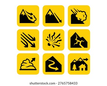 Collection of nine yellow square icons depicting various natural disasters and hazards.