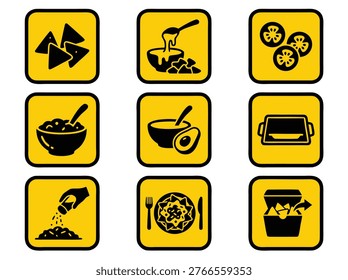 Collection of nine yellow square icons representing Mexican food and ingredients.