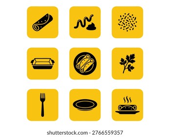 Collection of nine yellow square icons representing Mexican food and cooking elements.