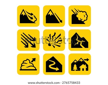Collection of nine yellow square icons depicting various natural disasters and hazards.