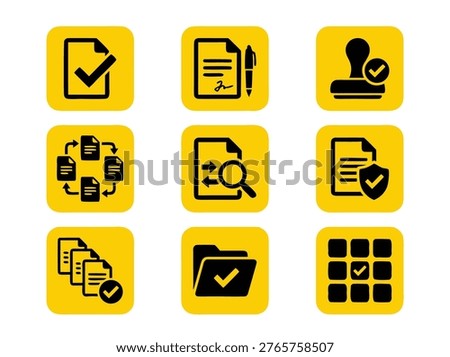 A collection of nine yellow square icons depicting various aspects of document management, approval, and verification.