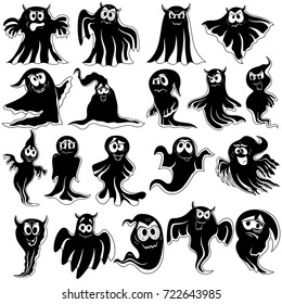 Collection of nineteen amusing flying black Halloween phantom stencils with various characters isolated on a white background, cartoon vector illustration