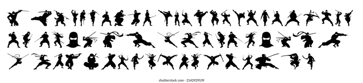 Collection of ninja silhouette vectors on a white background