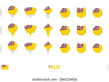 Colección de la bandera Niue en diferentes formas y con tres efectos diferentes. Indicador de vector establecido.