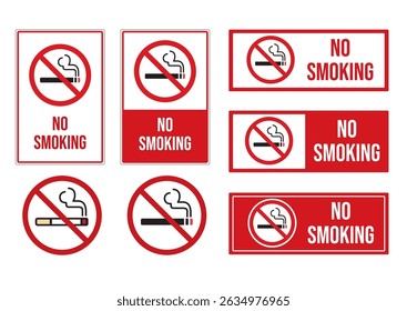 Collection of No Smoking signs in various shapes displaying clear prohibition messages to promote a smoke-free environment.