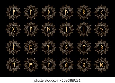 Collection of  nordic runes with golden gradient color on black background. 