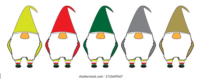 A collection of Nordic style gnomes or elves set over a white background