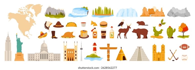 A collection of North American icons including landmarks, wildlife, native elements, food in a colorful vector graphic. A visual tour through the continent.