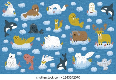 Collection of north pole animals floating on an ice floe. Cute childish characters. Vector illustration.