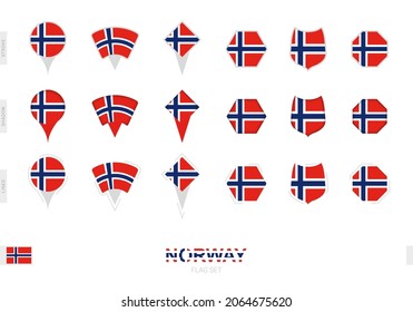 Collection of the Norway flag in different shapes and with three different effects. Vector flag set.