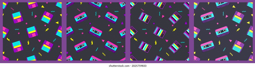 Eine Sammlung nostalgischer Muster im Stil der 90er Jahre. Nahtlose Muster mit Audiokassetten, Disketten, Retro-TVs. Vektorgrafik