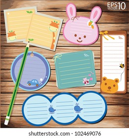 collection of Note paper design on wood background. vector illustration