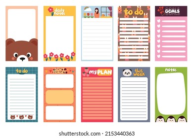 collection of note paper, to do list for weekly or daily planner, school scheduler and organizer