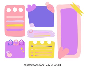 Collection of note paper, to do list, stickers templates, planner page with hearts, flowers.  School scheduler and organizer. Cute Stickers and Blank paper notes template for Weekly and Daily Planner