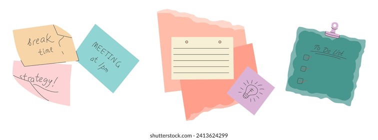 Collection of note paper, to do list, stickers templates, planner page with washi tape and flowers. School scheduler and organizer. Flat vector with hand drawn texture