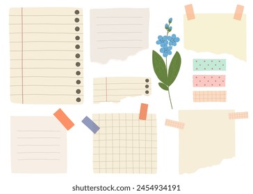 Collection of note paper, task and to-do list, sticker templates, planner page with ribbon. Notes vector isolates.