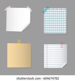 Collection note papers with curled tape. Blank paper sheet set