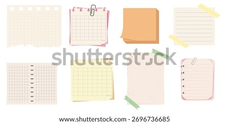 Collection note papers, memo pages with paper clip and adhesive tape. Set sticky remind blanks, sheets, stickers. Checklist ripped torn edge paper.