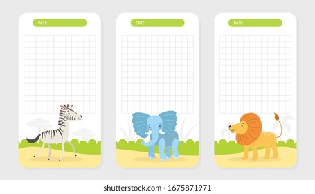 Collection of Notebook Papers, Checkered Cards, Notes, Stickers or Labels with Cute African Animals Vector Illustration