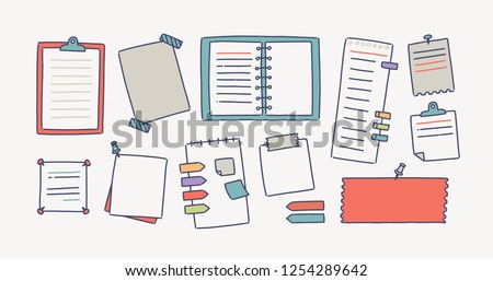 Collection of notebooks and paper attached with pushpins and adhesive tape for making writing notes isolated on white background. Set of decorative design elements. Colorful vector illustration.