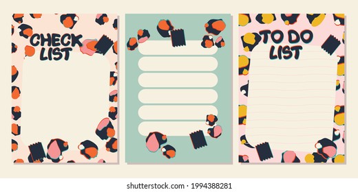 Collection of notepaper, to-do list, checklist decorated with leopard spots illustrations. Cute scheduler and organizer. Vector