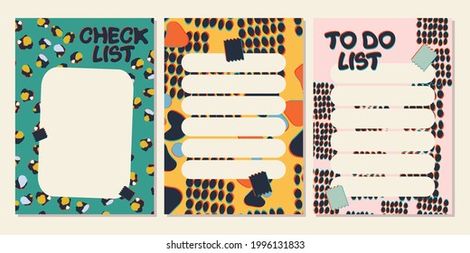 Collection of notepaper, to-do list, checklist decorated with shapes and leopard spots illustrations. Cute scheduler and organizer. Vector