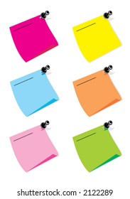 Collection of Notes in different colors, with Pins isolated on white.