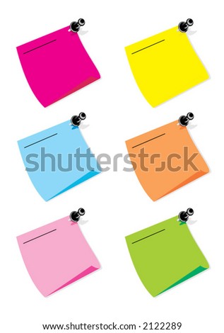 Collection of Notes in different colors, with Pins isolated on white.