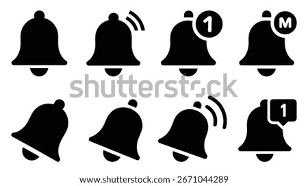 Collection of notification bell icons isolated on white background
