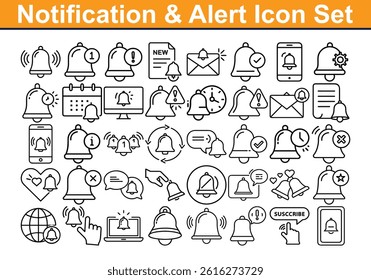 Collection of notification icons in line art style over transparent background. Includes bells, alerts, reminders, messages.