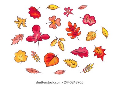 Collection of November autumn hand drawn leafage. Tree leaves, herbarium kit. Forest orange yellow red last year leaves. Cartoon stroked sketch vector icons isolated on white background