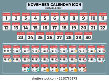 Collection of november calendar icons with various events and reminders in a graphic style