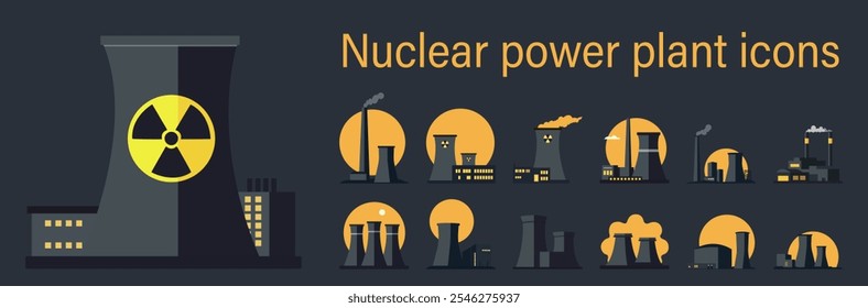 Collection of nuclear power plant icons with cooling towers and industrial structures