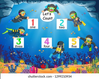 the collection of the number 1 until 5 with the diver under the ocean