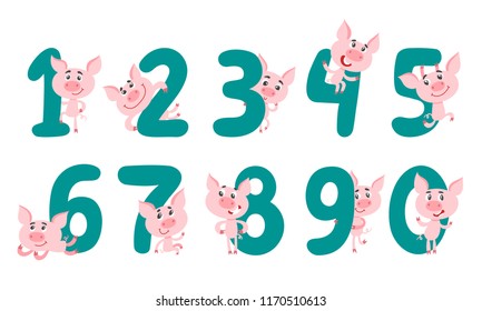 Collection number with cute cartoon pig for kids isolated on white. Learn to count concept set from 1 to 10 used for poster, book, card.