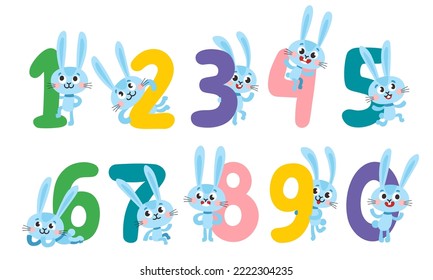 Collection number with cute cartoon rabbit for kids isolated on white. Learn to count concept set with hare from 1 to 10 used for poster, book, card.