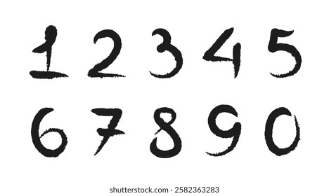 Collection of number with dirty Grunge texture. Grunge chalk numbers from 0 to 9 hand drawn. Typographic numbers brush texture. Vector illustration of hand painted scrawl numbers