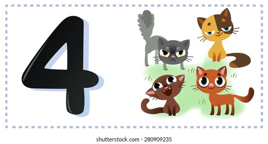Collection number for kids: farm animals - number four, cats. Vector illustration.