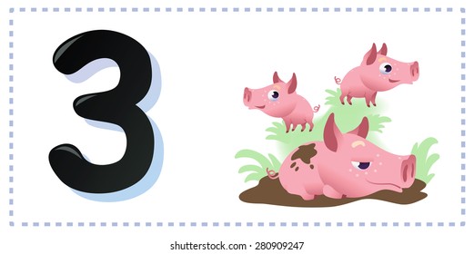 Collection number for kids: farm animals - number three, pigs. Vector illustration.