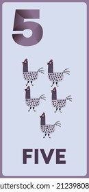 Collection number for kids: male hens  - number 5, rooster. Vector illustration.