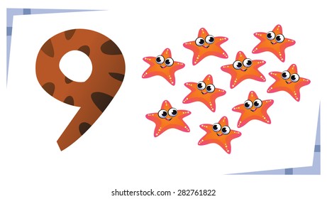 Collection number for kids: Sea animals - number 9, starfish. Vector illustration.