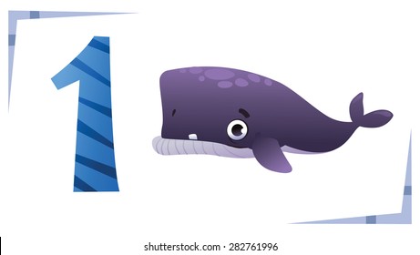 Collection number for kids: Sea animals - number 1, big whale. Vector illustration.